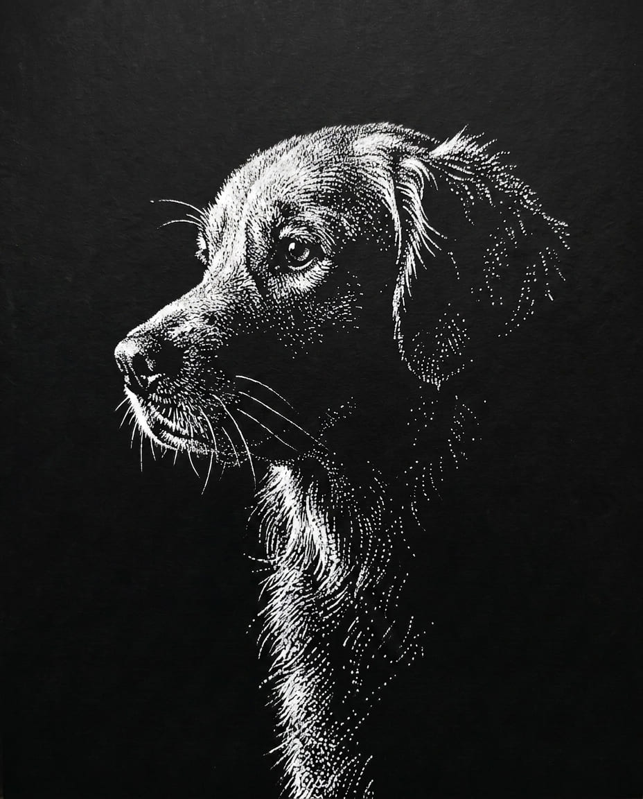 A glowing white-on-black portrait of a golden retriever